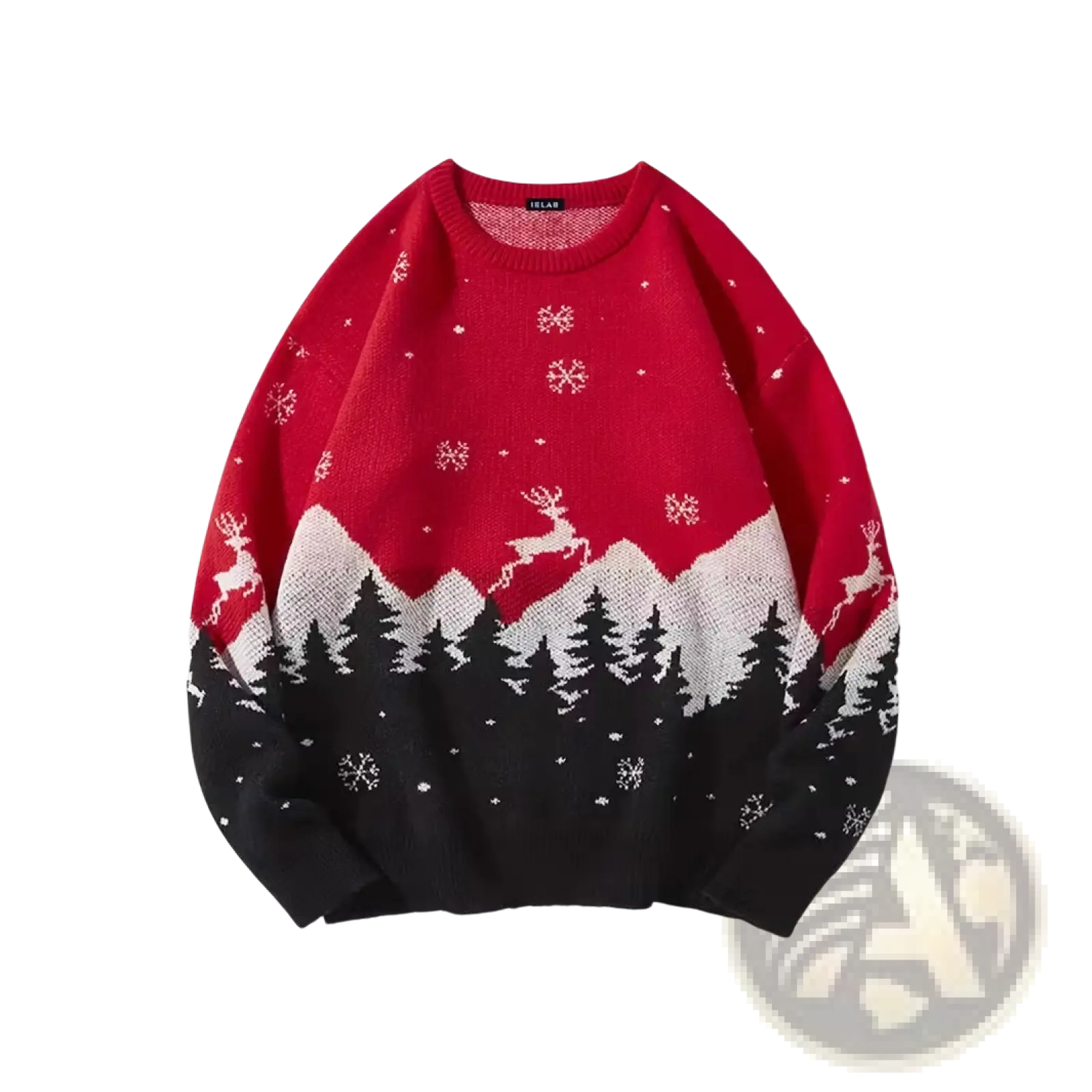 Men Halloween Christmas holiday pullover sweater in red and black knit featuring festive reindeer snowflakes and pine trees