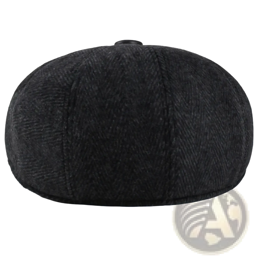 Men herringbone wool flat cap in black with structured flat top and small button, designed for winter with earflaps