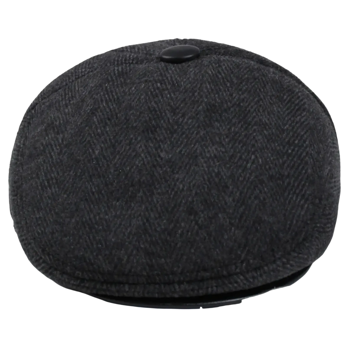 Dark gray herringbone wool men flat cap with black button and earflaps for winter use