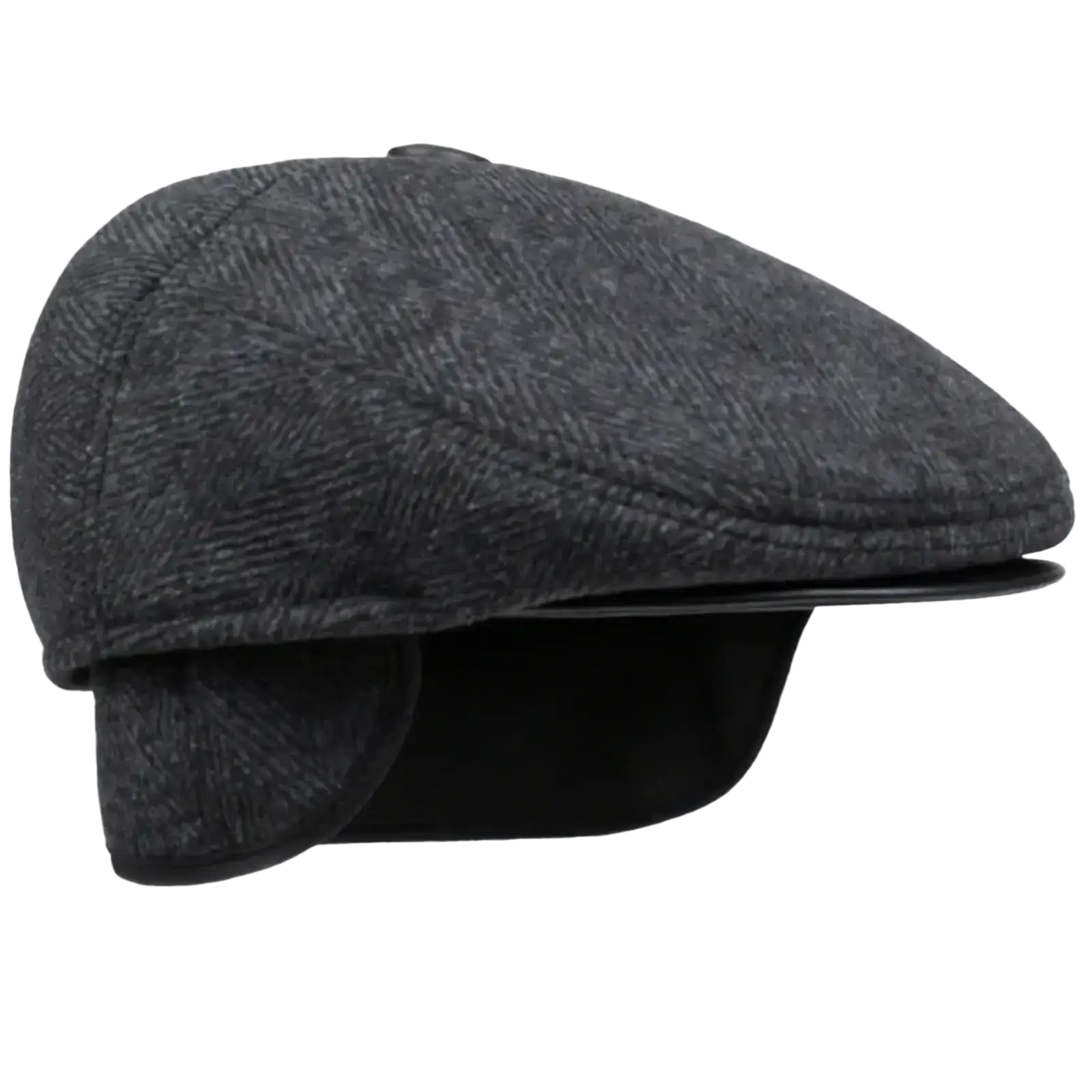 Men dark gray herringbone flat cap with soft textured fabric, curved brim and earflaps for winter use