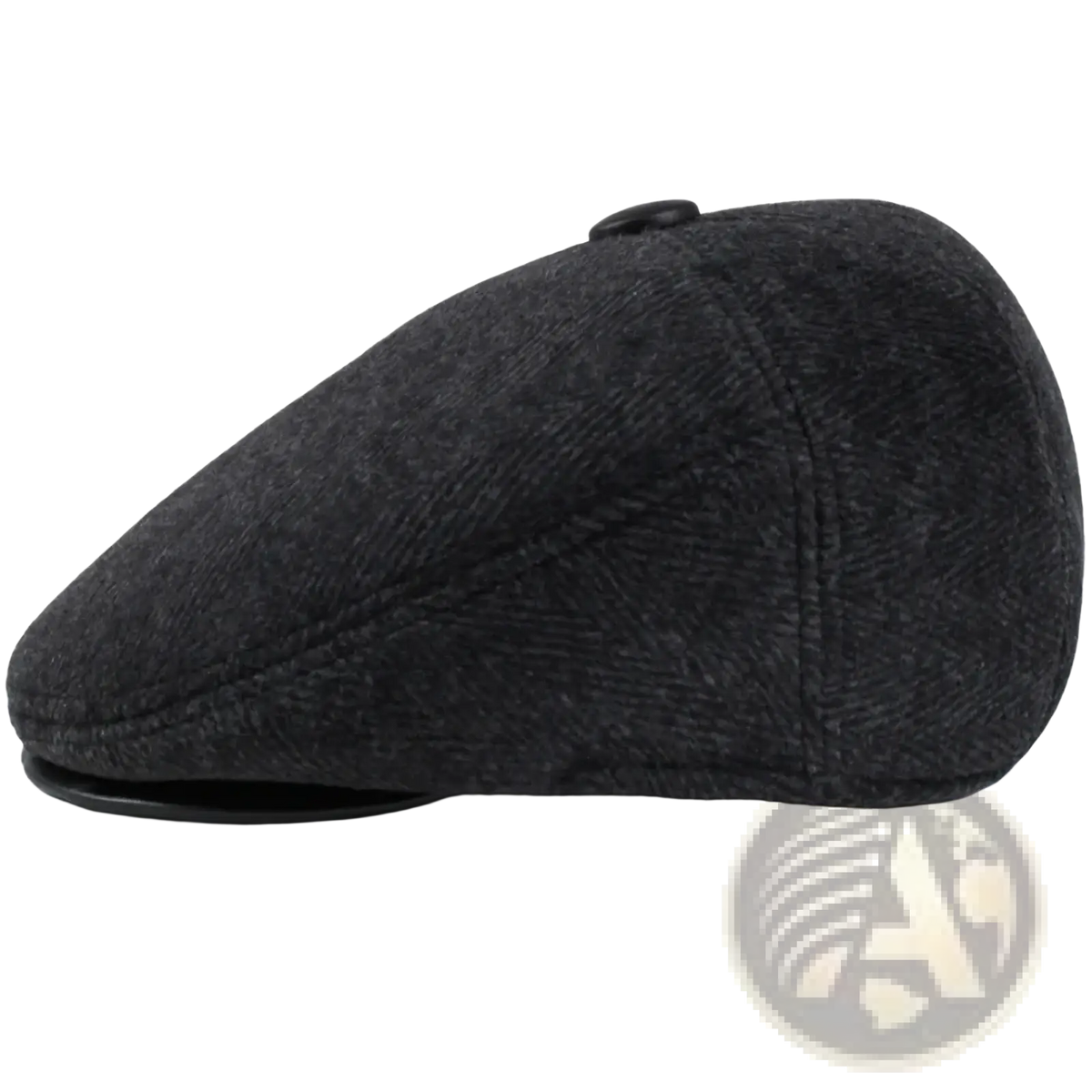 Men herringbone flat cap in dark gray with black button and leather visor designed for winter and earflap use