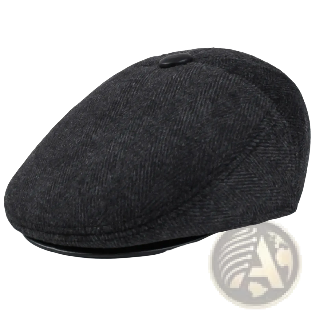 Men herringbone flat cap in dark gray with leather brim and black button designed for winter with earflaps