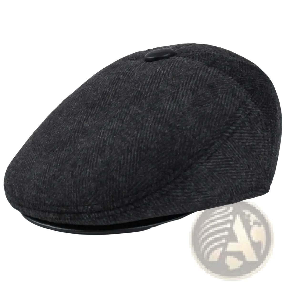 Men herringbone flat cap in dark gray with leather brim and black button designed for winter with earflaps