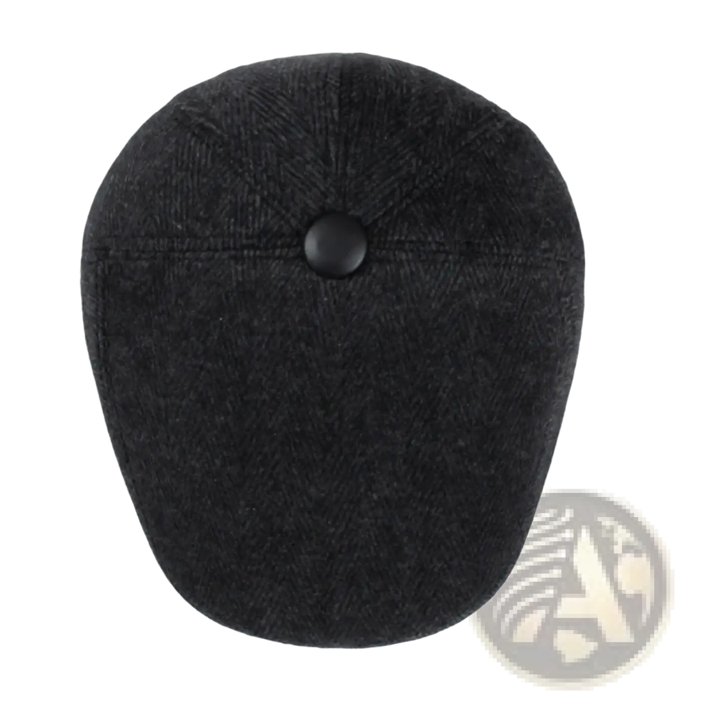 Men herringbone dark gray woolen flat cap with central black button and earflaps for winter use