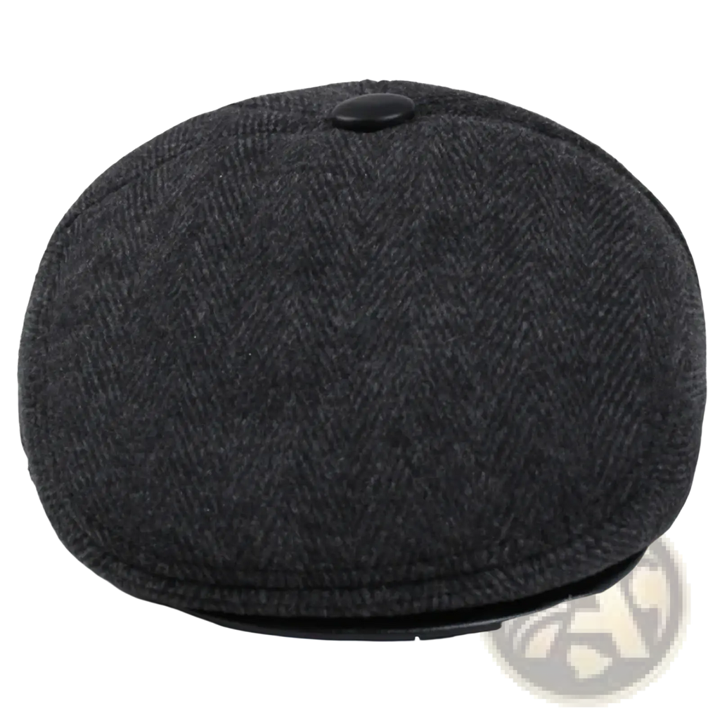 Dark gray herringbone wool men flat cap with black button and earflaps for winter use
