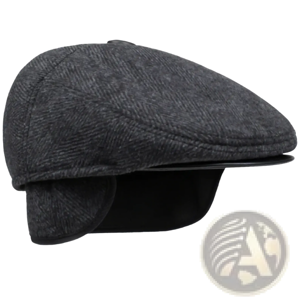 Men herringbone flat cap in dark gray wool with black leather brim and earflaps for winter use