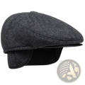 Men herringbone flat cap in dark gray wool with black leather brim and earflaps for winter use