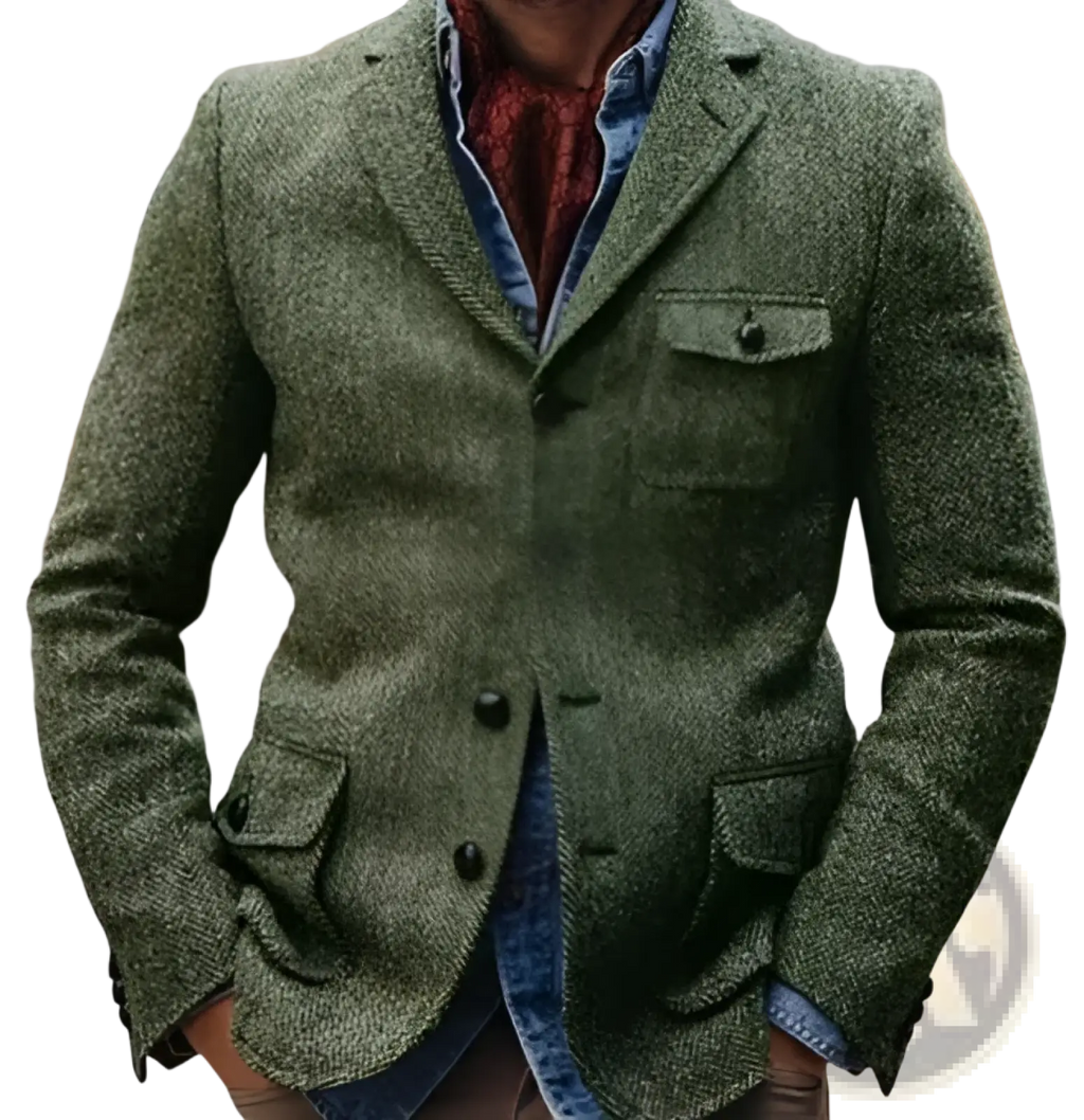 Men herringbone slim fit suit jacket in olive green tweed with lapel collar and two chest pockets