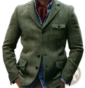 Men herringbone slim fit suit jacket in olive green tweed with lapel collar and two chest pockets