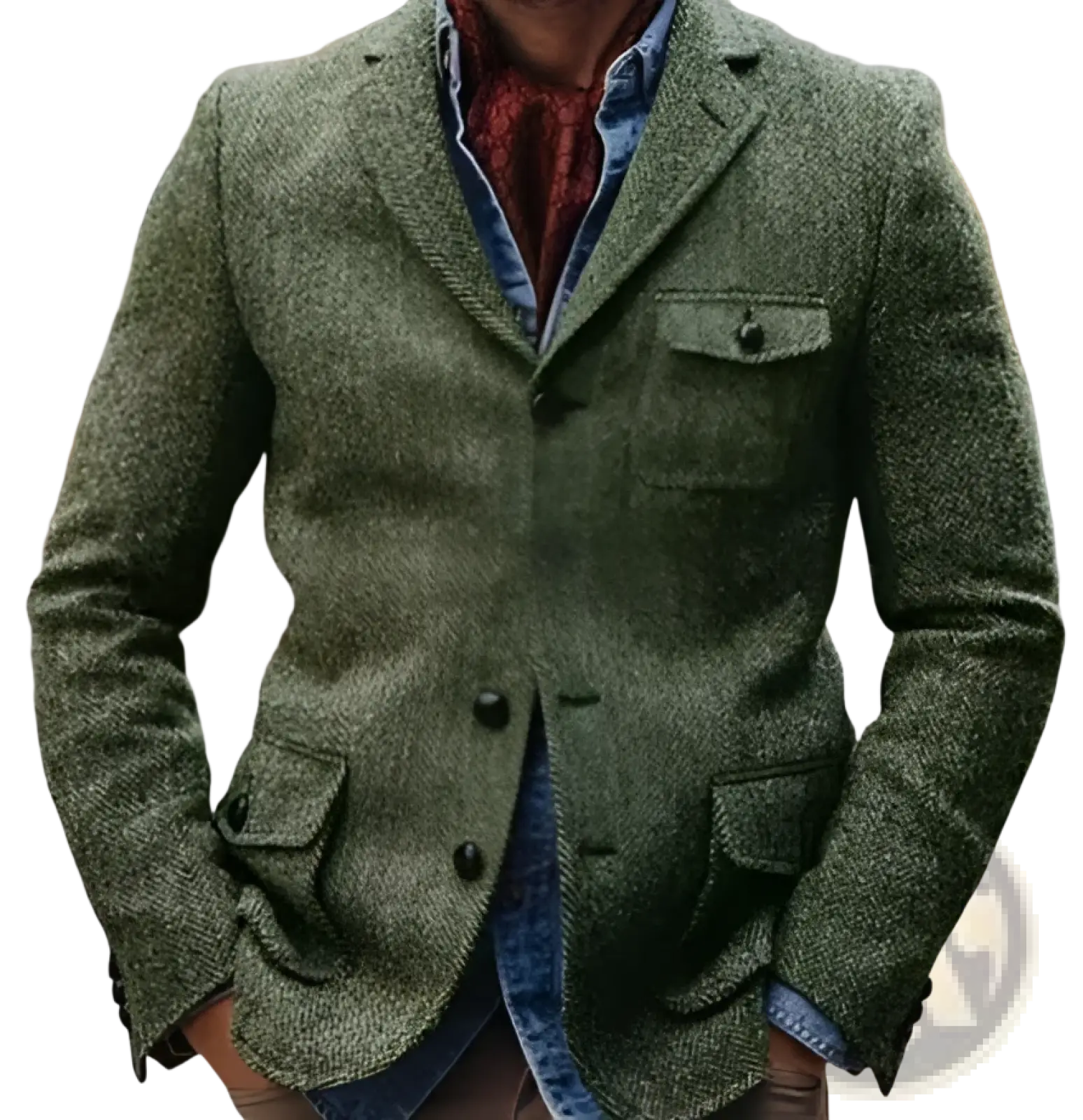 Men herringbone slim fit suit jacket in olive green tweed with lapel collar and two chest pockets
