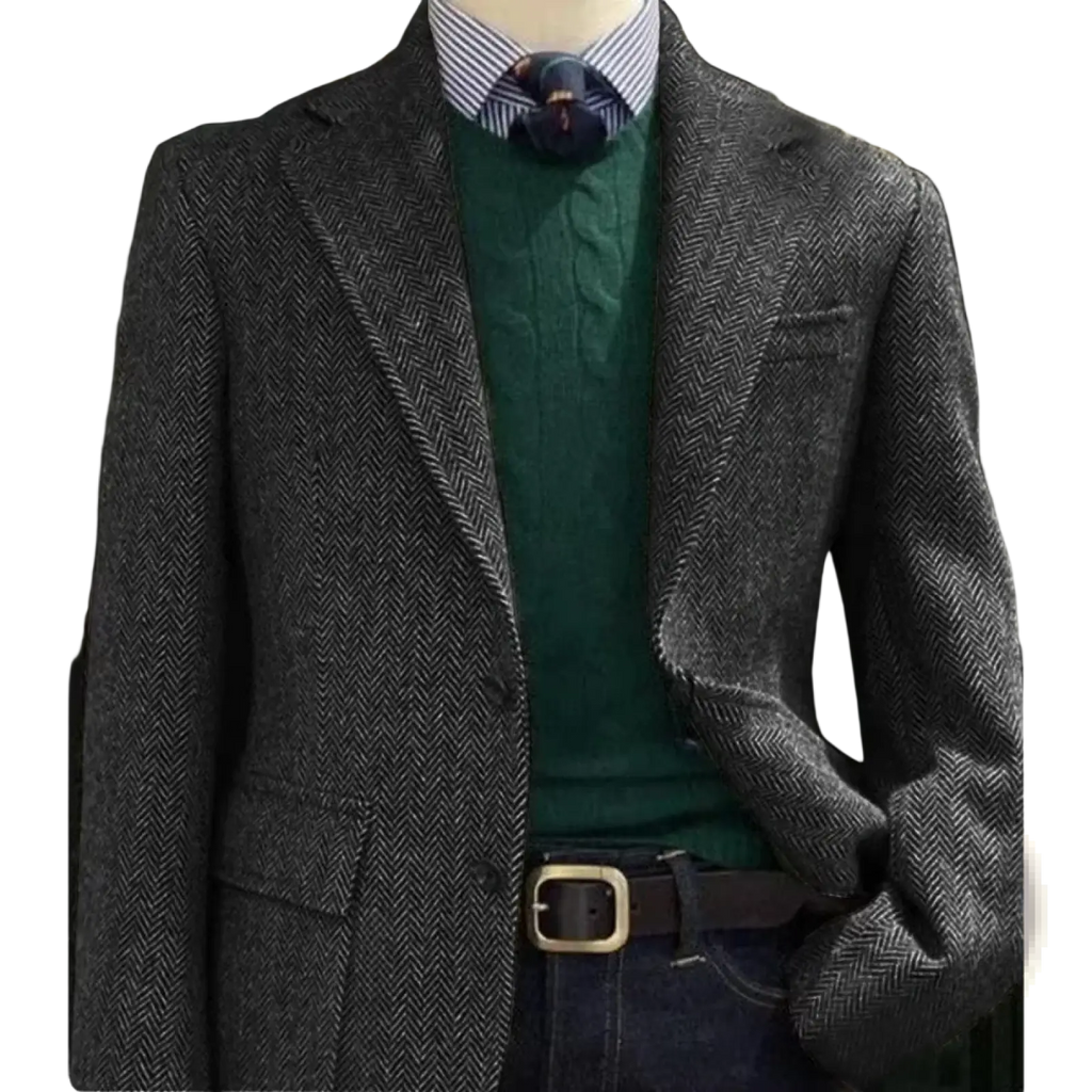 Men herringbone slim fit suit jacket blazer in dark gray wool with double-breasted design and notched lapels