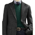 Men herringbone slim fit suit jacket blazer in dark gray wool with double-breasted design and notched lapels