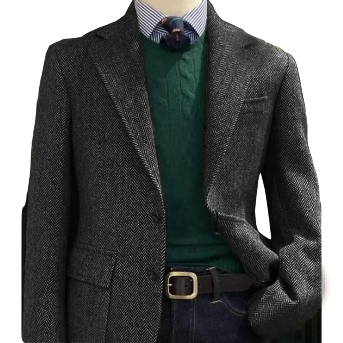 Men herringbone slim fit suit jacket blazer in dark gray wool with double-breasted design and notched lapels