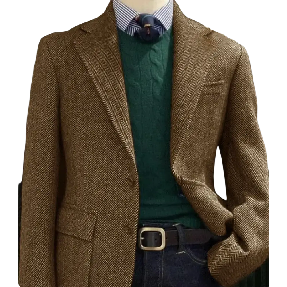 Brown herringbone wool blazer with classic fit and two front pockets from men herringbone slim fit suit jacket blazer collection