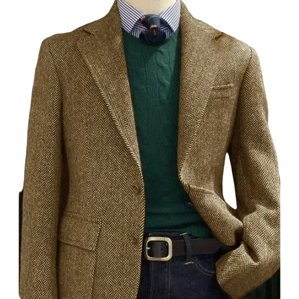 Men herringbone slim fit suit jacket blazer in brown wool with classic fit and notched lapels