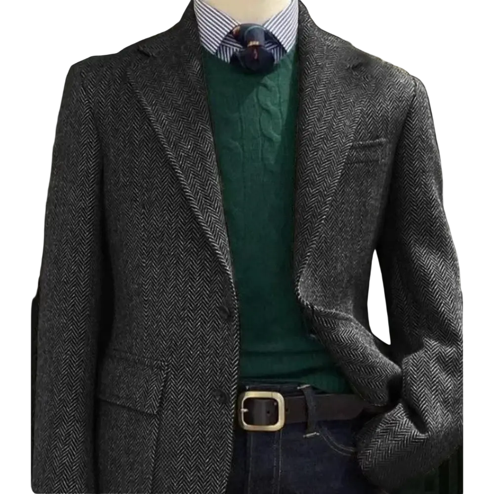 Men herringbone slim fit suit jacket blazer in dark gray wool with double-breasted design and notched lapels