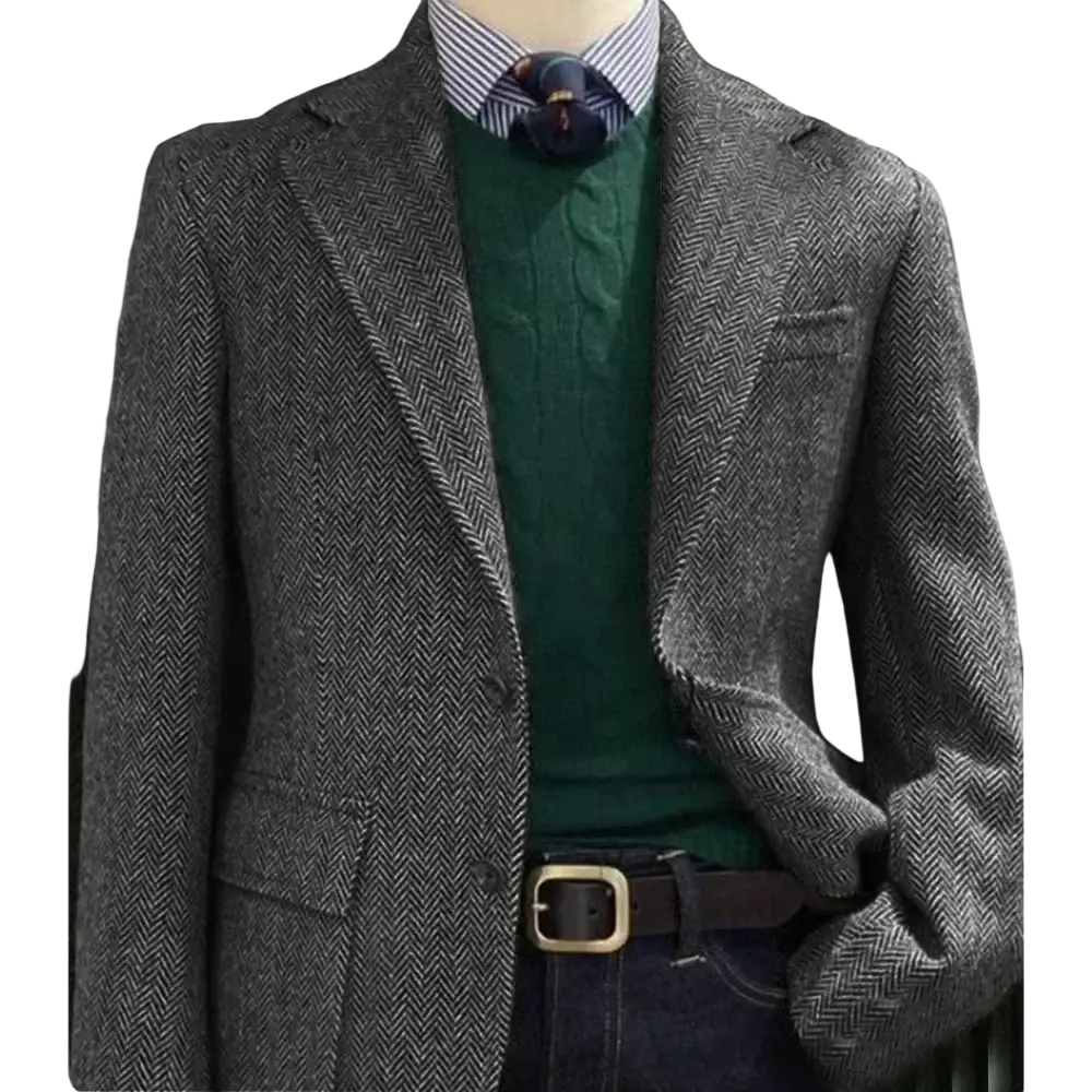 Men herringbone slim fit suit jacket blazer in gray wool with double-breasted design and notched lapels