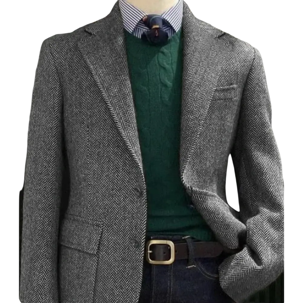 Men herringbone slim fit suit jacket blazer in gray wool with classic double-breasted design and notched lapels