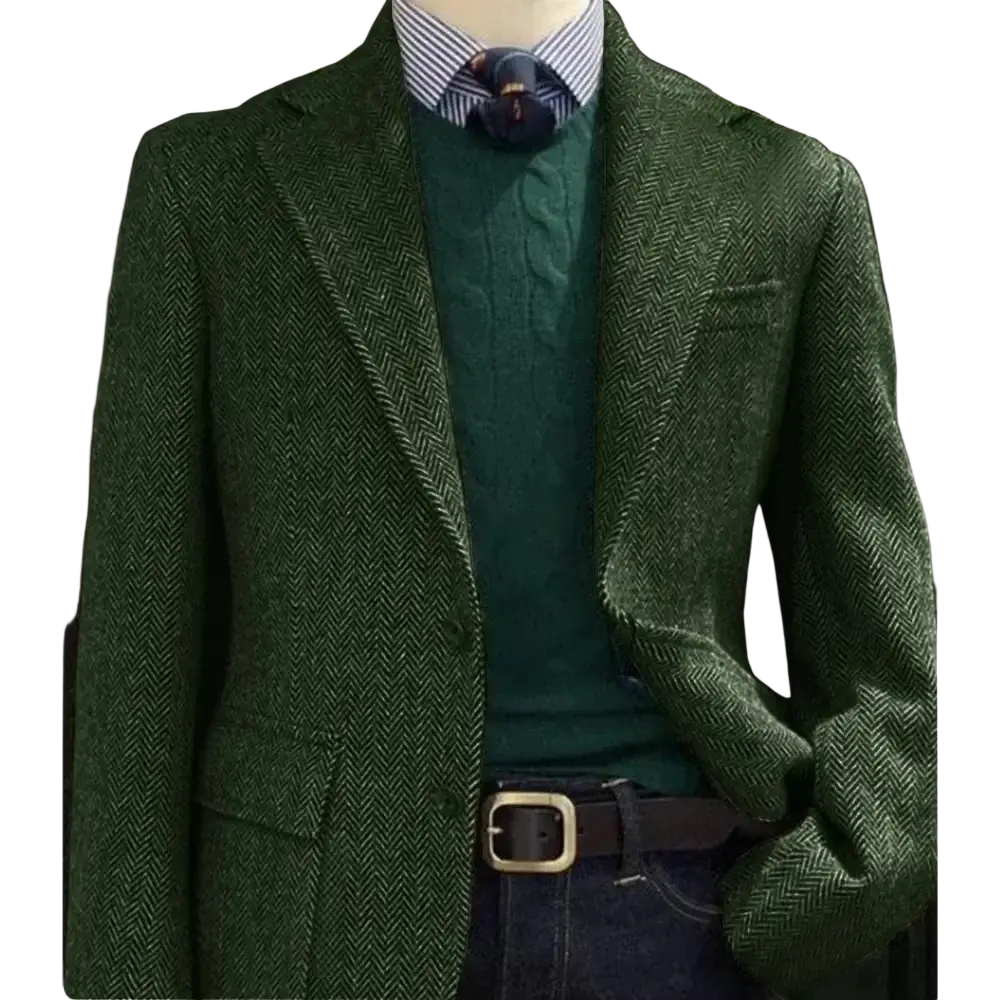 Men herringbone slim fit suit jacket blazer in green wool with classic single-breasted design and notched lapels