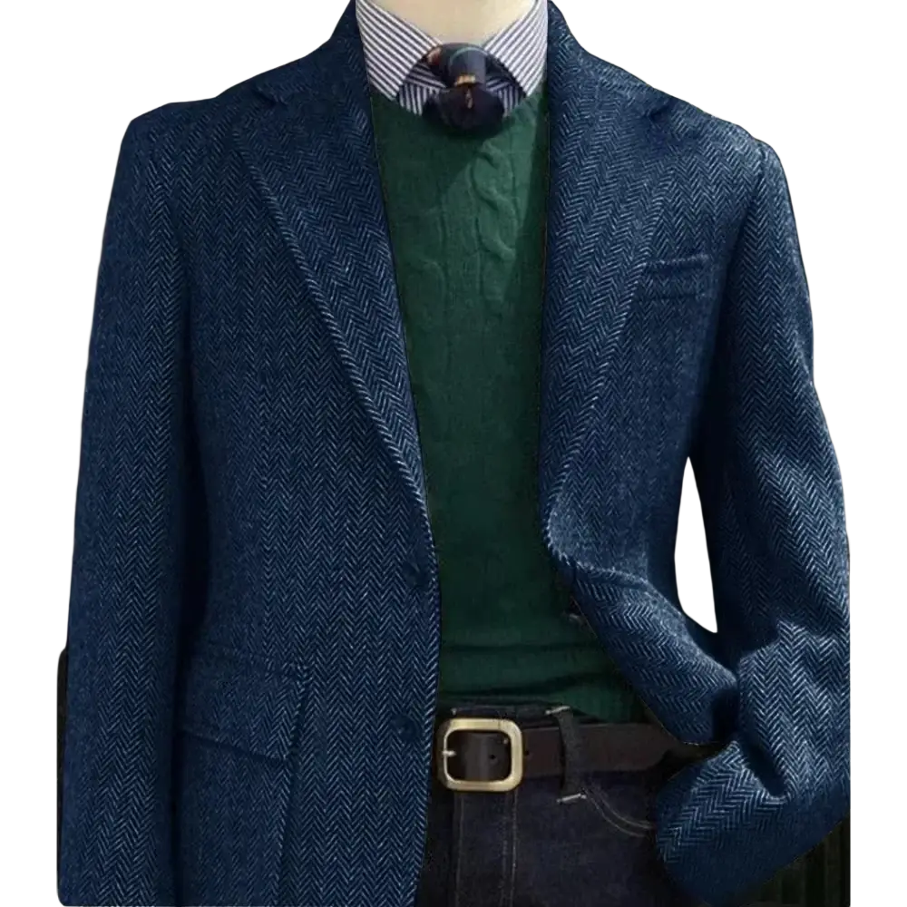 Men herringbone slim fit suit jacket blazer in navy blue wool with classic textured pattern for formal wear