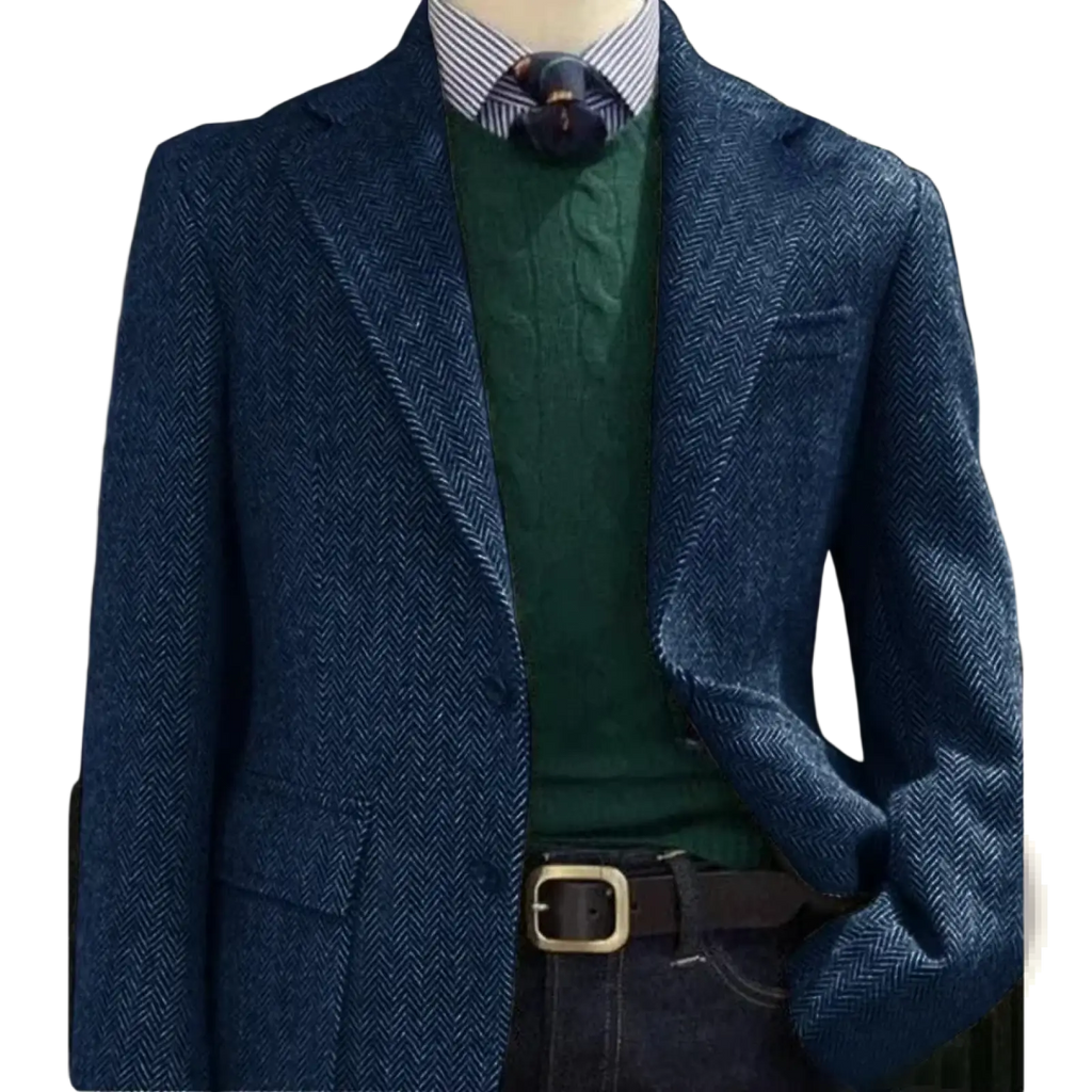Men herringbone slim fit suit jacket blazer in navy blue wool with classic textured pattern for formal wear