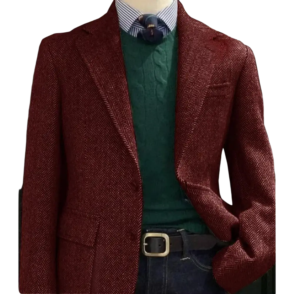 Men herringbone slim fit suit jacket blazer in rich burgundy wool with a classic single-breasted design and notched lapels