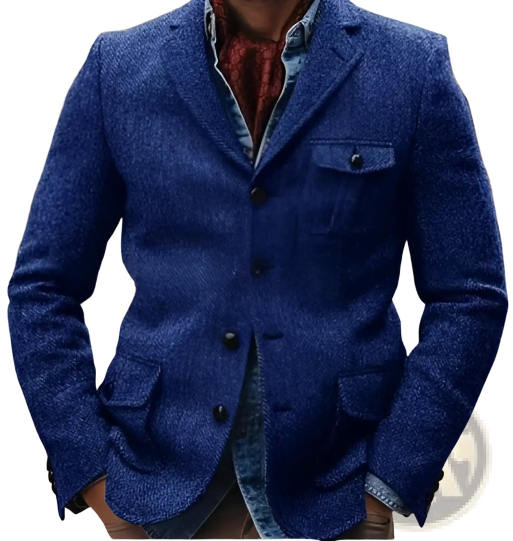 Men herringbone slim fit suit jacket in blue textured wool with black buttons and subtle herringbone pattern