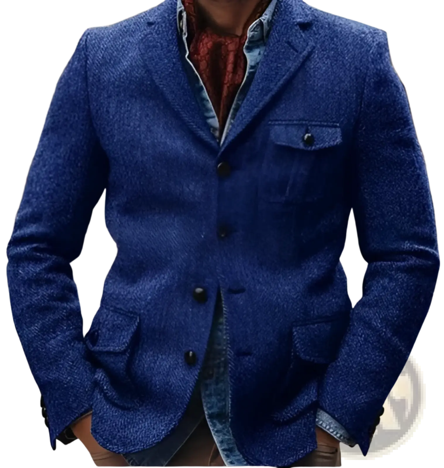 Men herringbone slim fit suit jacket in blue textured wool with black buttons and subtle herringbone pattern