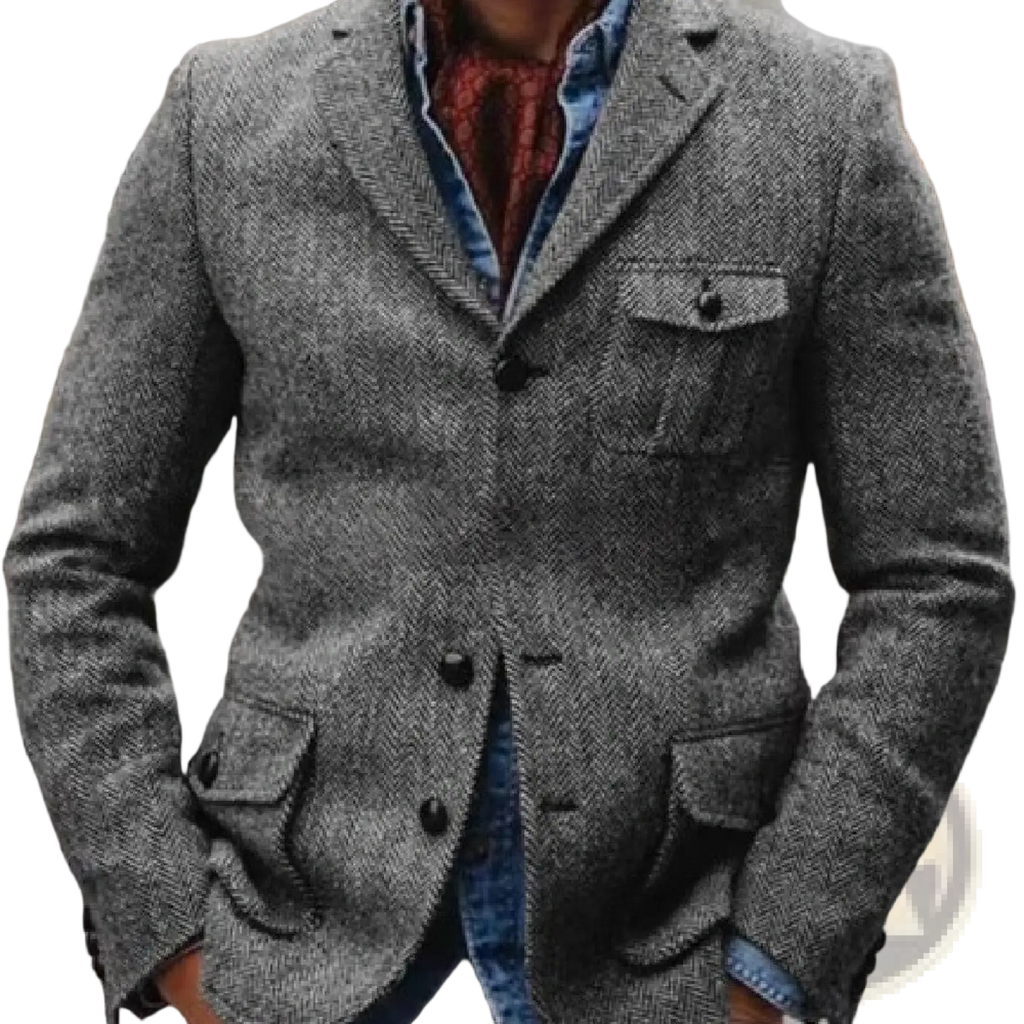 Men herringbone slim fit suit jacket in gray wool with black buttons and flap pockets