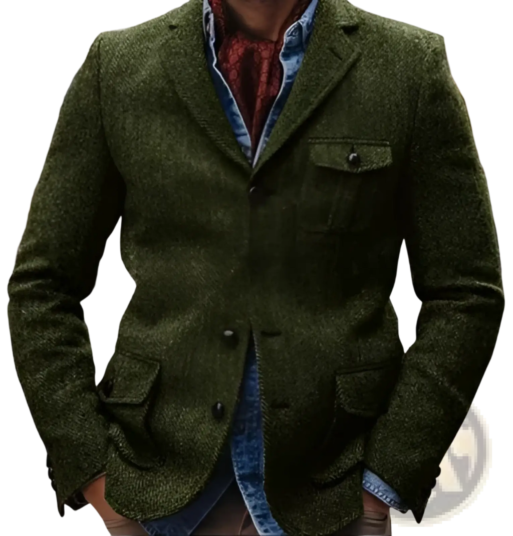 Men herringbone slim fit suit jacket in olive green textured wool with buttoned flap pockets and classic tailored fit