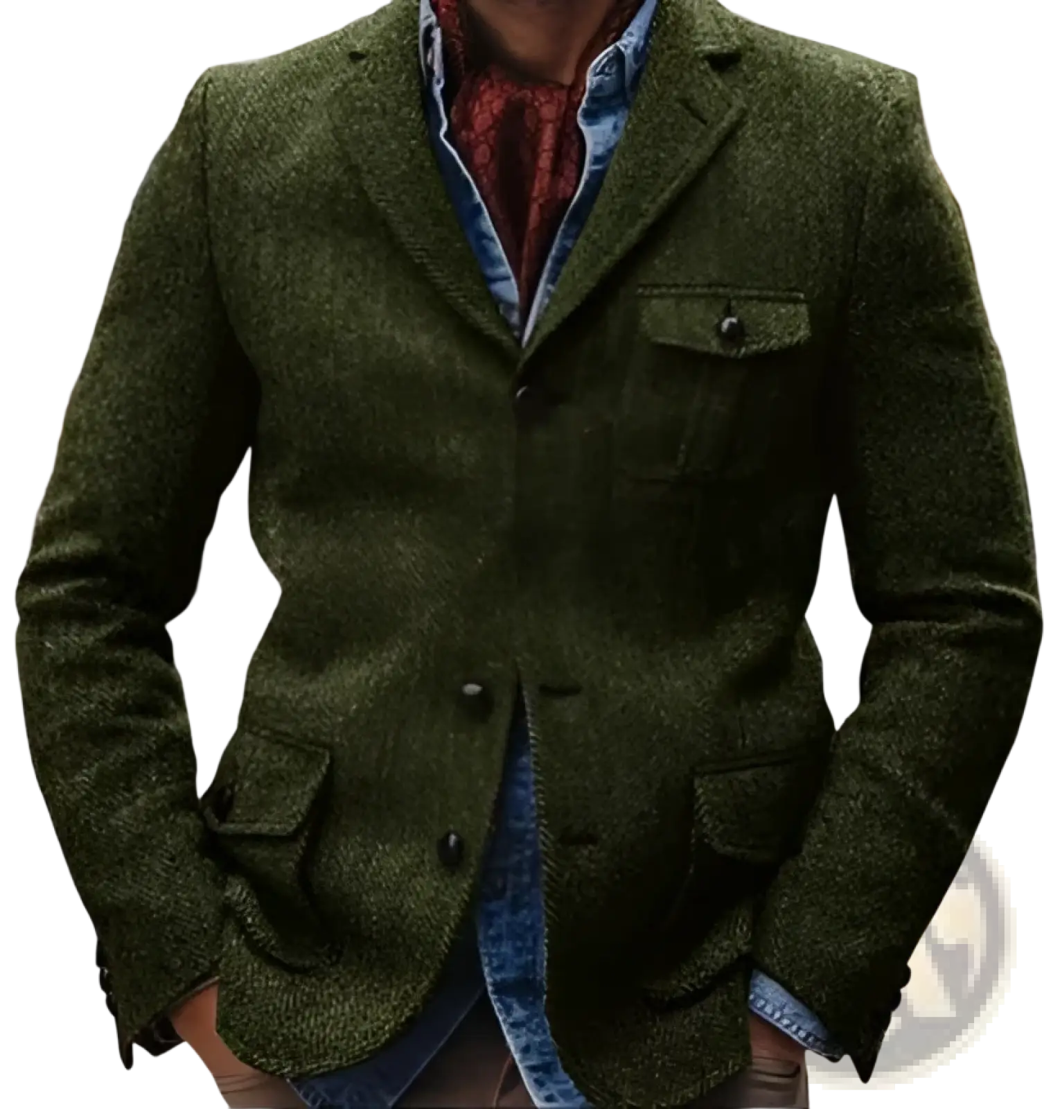 Men herringbone slim fit suit jacket in olive green textured wool with buttoned flap pockets and classic tailored fit