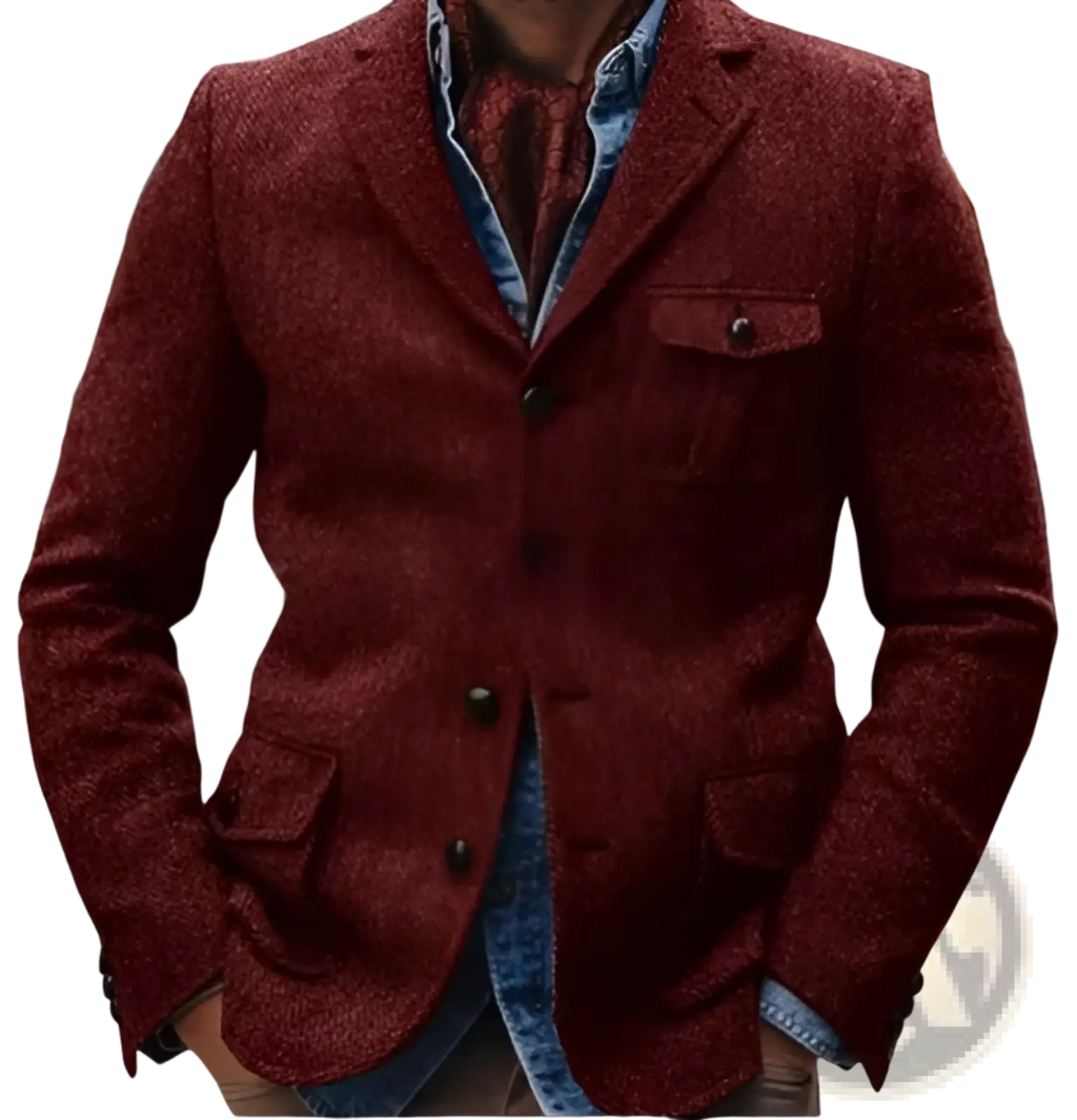 Men herringbone slim fit suit jacket in rich burgundy tweed with textured woven pattern and dark button closures