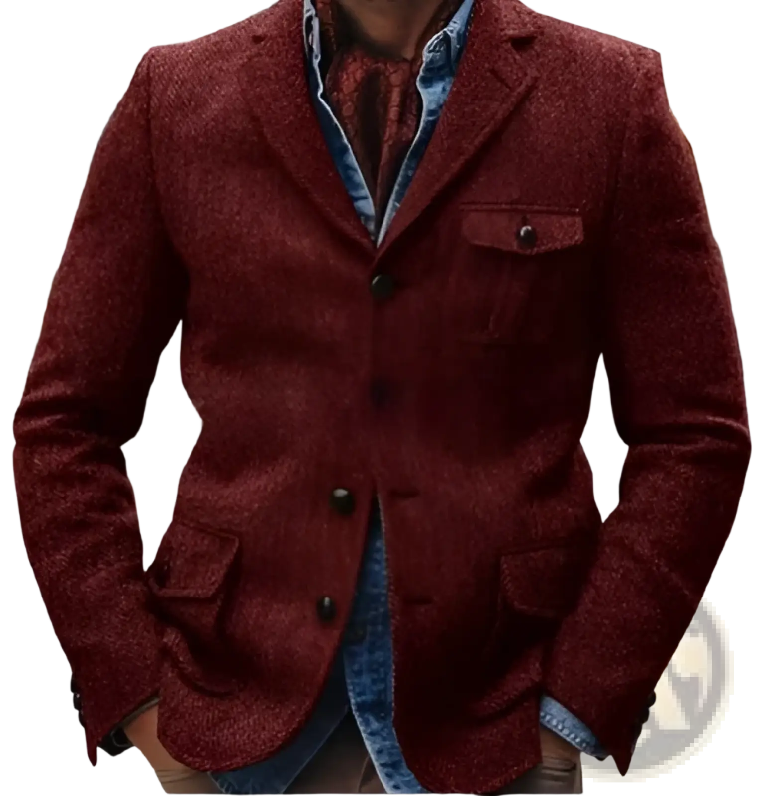 Men herringbone slim fit suit jacket in rich burgundy tweed with textured woven pattern and dark button closures