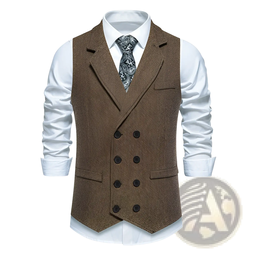 Men herringbone tweed double breasted suit vest in brown with dark buttons and classic herringbone pattern
