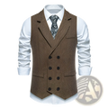 Men herringbone tweed double breasted suit vest in brown with dark buttons and classic herringbone pattern