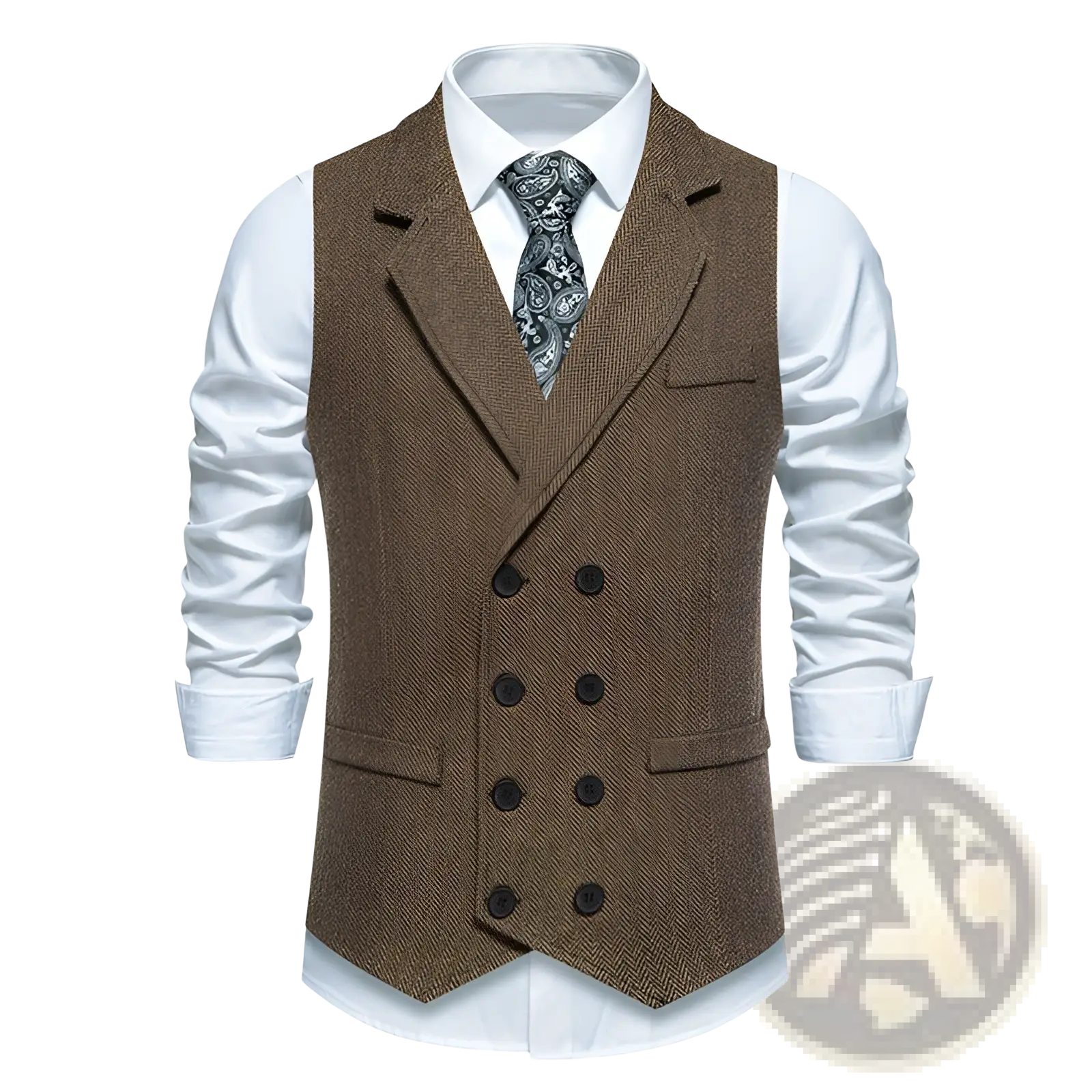 Men herringbone tweed double breasted suit vest in brown with dark buttons and classic herringbone pattern