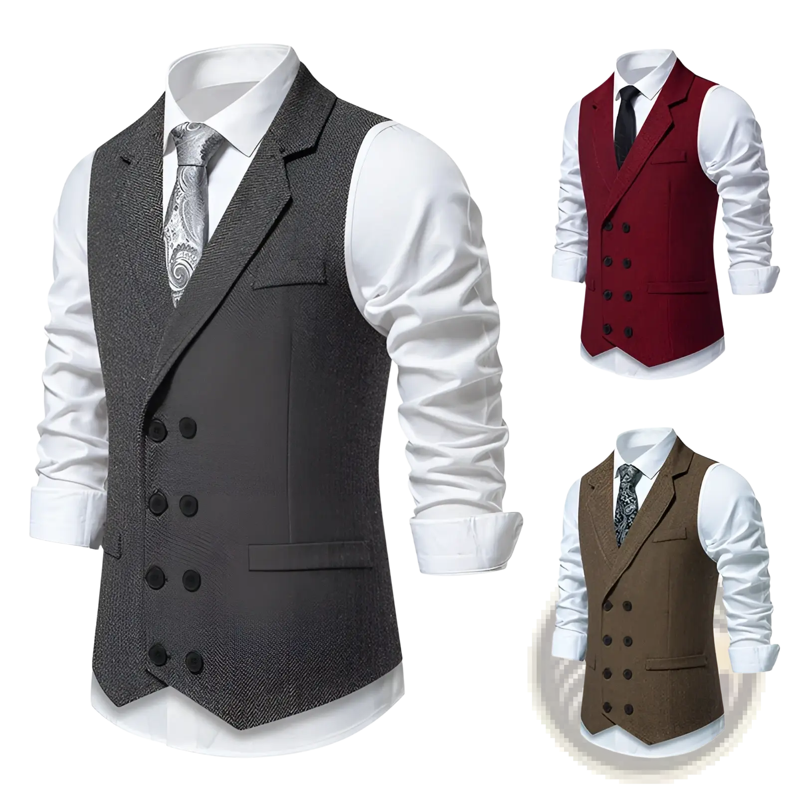 Men herringbone tweed double breasted suit vest in textured charcoal gray wool blend with notched lapels and dark buttons
