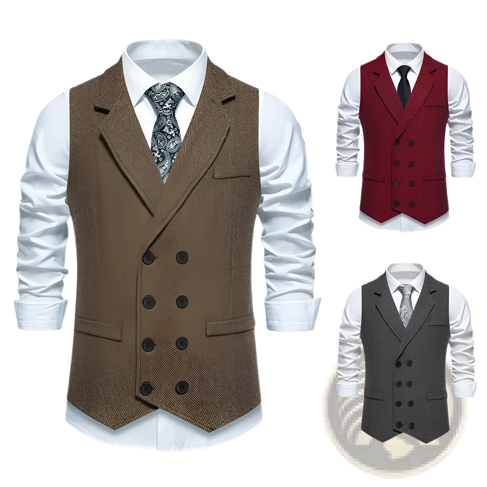 Men herringbone tweed double breasted suit vest in brown with dark buttons and a classic tailored fit