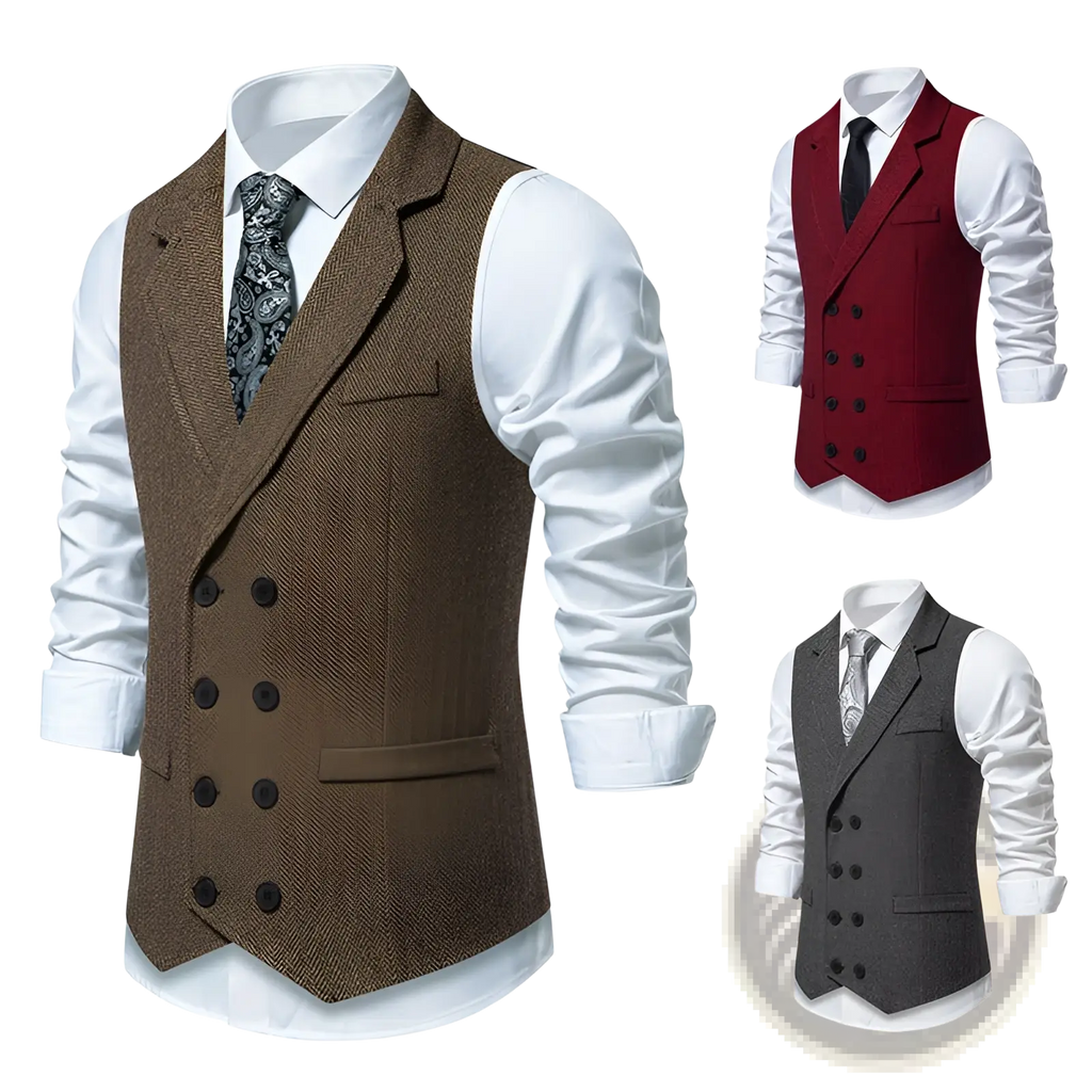 Brown herringbone tweed double breasted men’s vest with dark brown buttons for formal and business wear