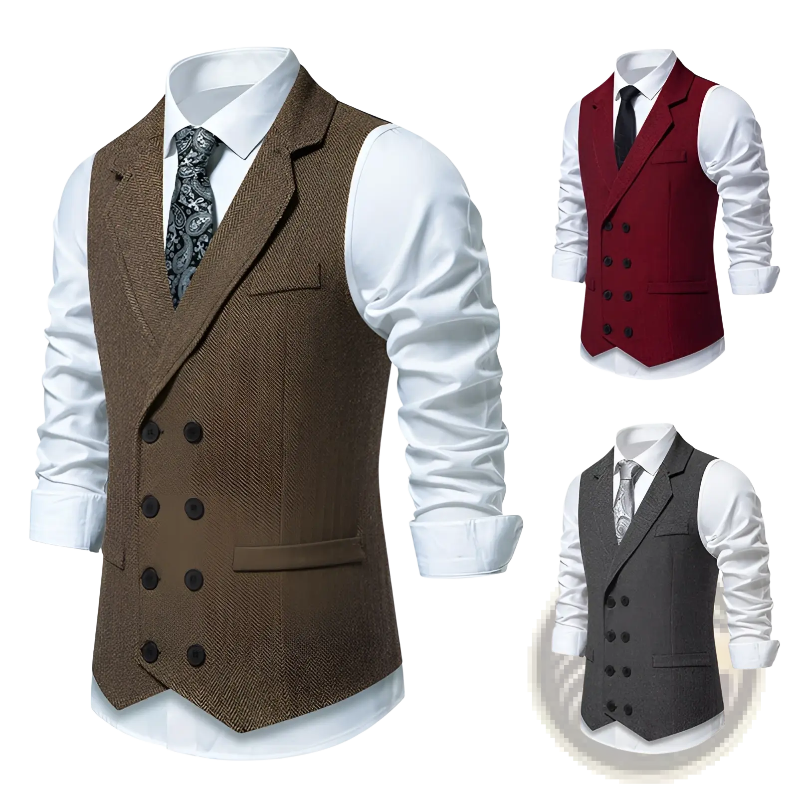 Brown herringbone tweed double breasted men’s vest with dark brown buttons for formal and business wear