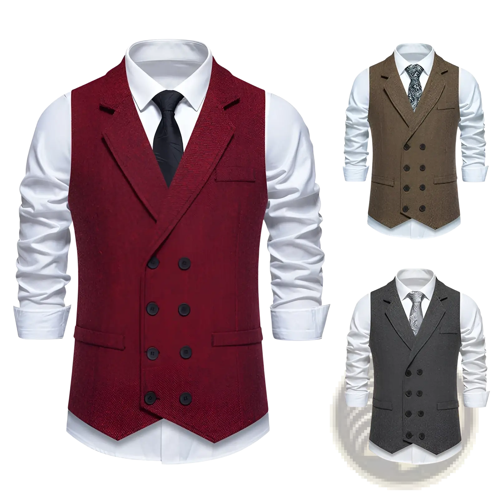 Men herringbone tweed double breasted suit vest in red wool with black buttons and a herringbone pattern