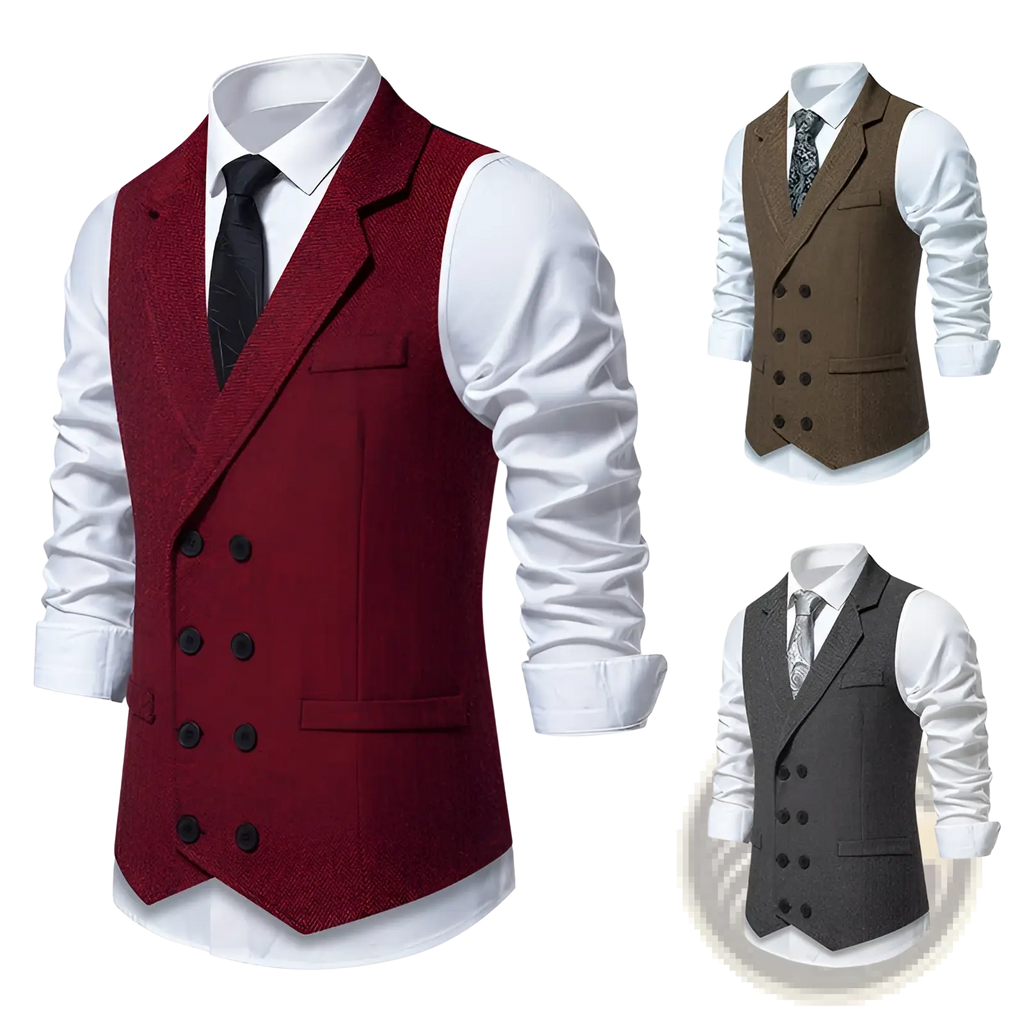 Men herringbone tweed double breasted suit vest in red wool with black buttons and a herringbone pattern