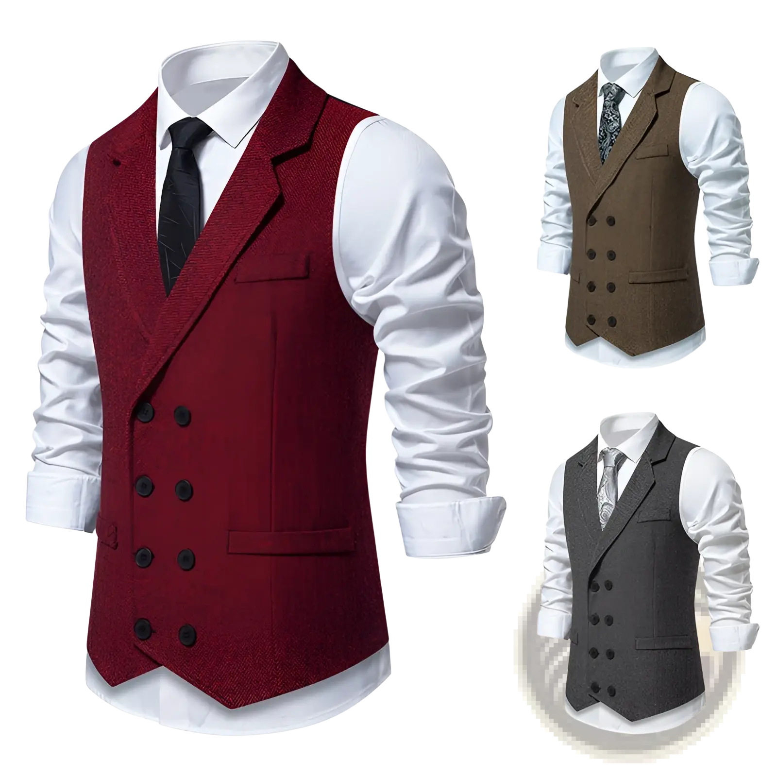 Men herringbone tweed double breasted suit vest in red wool with black buttons and a herringbone pattern