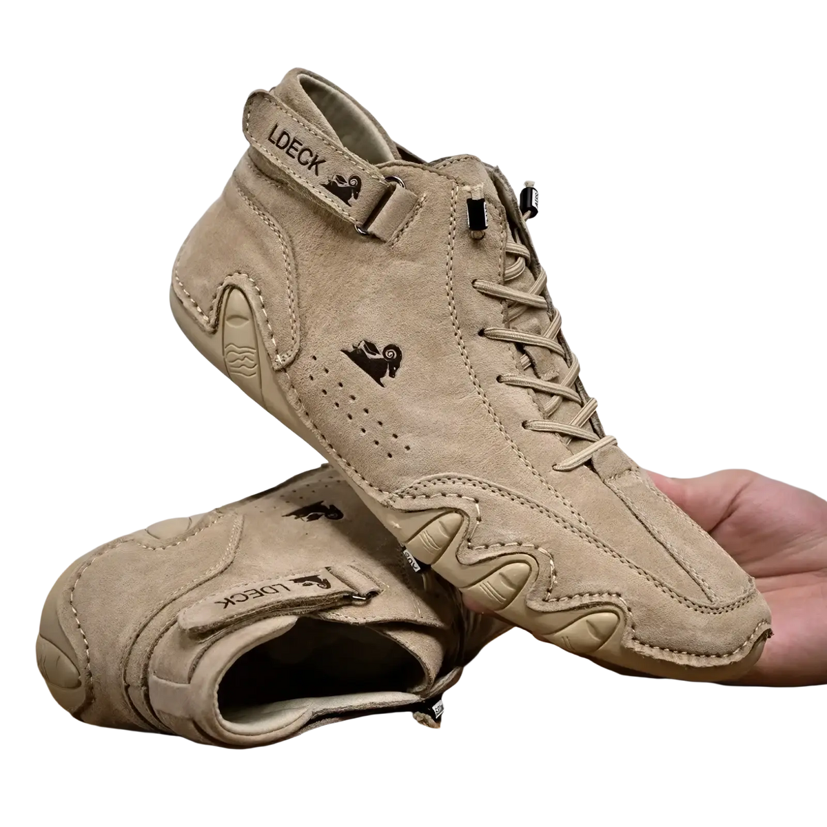 Beige suede men high top leather casual sneakers with rugged textured design and black embroidered logo detailing