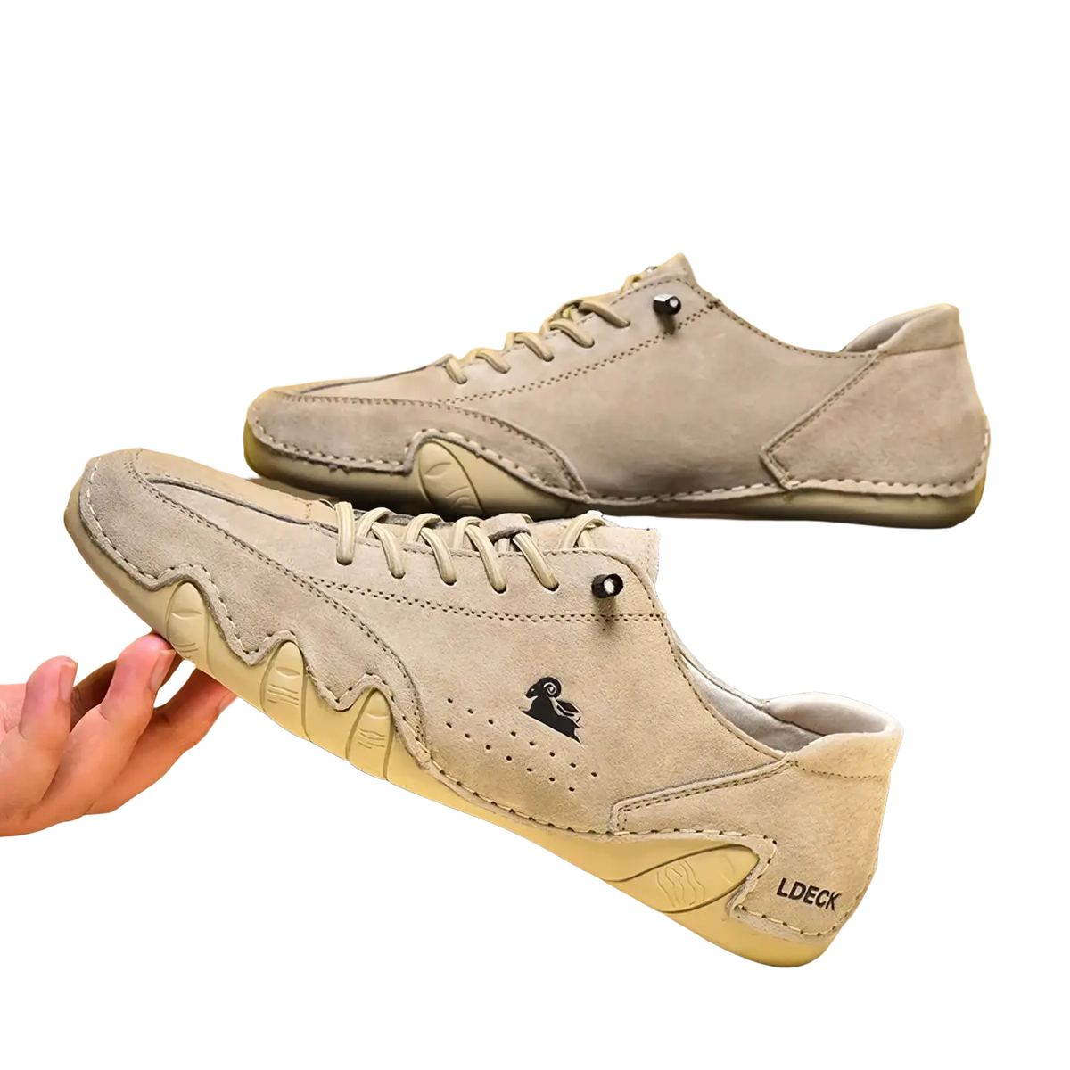 Men high top leather casual sneakers in beige suede with pale yellow rubber sole and black embroidered logo on side
