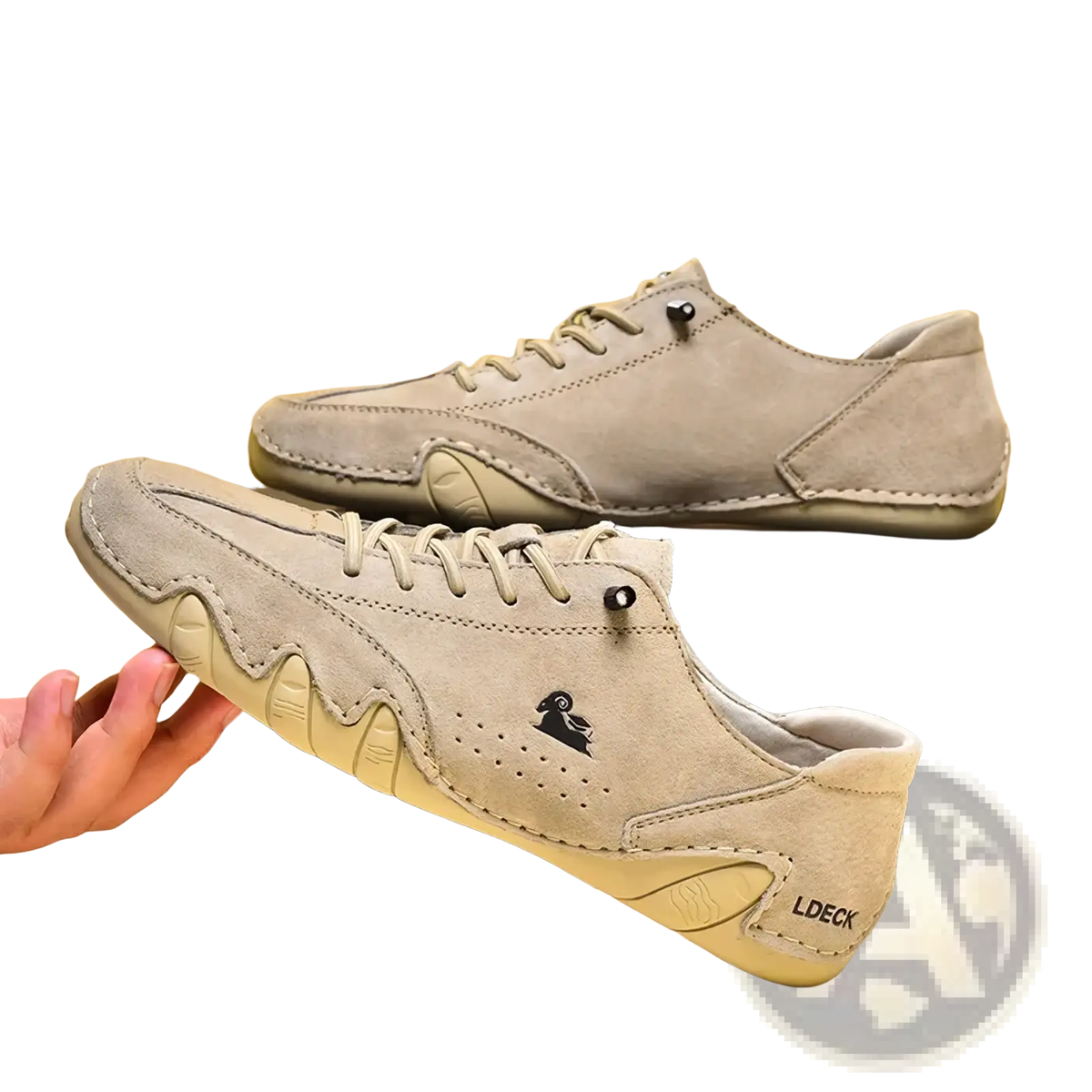 Men high top leather casual sneakers in beige suede with pale yellow rubber sole and black embroidered logo on the side