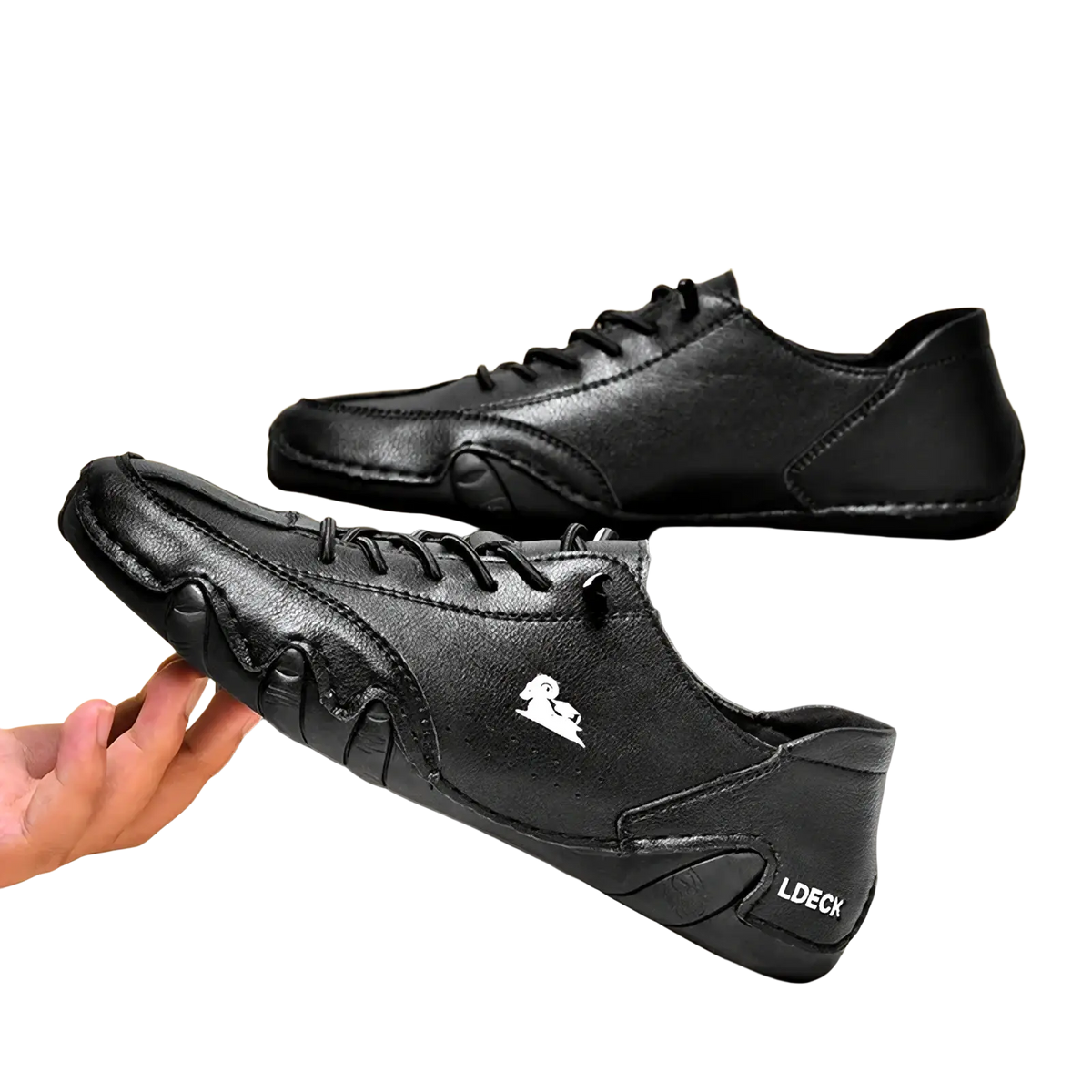 Men high top leather casual sneakers in black with lace-up design and subtle white branding on the side