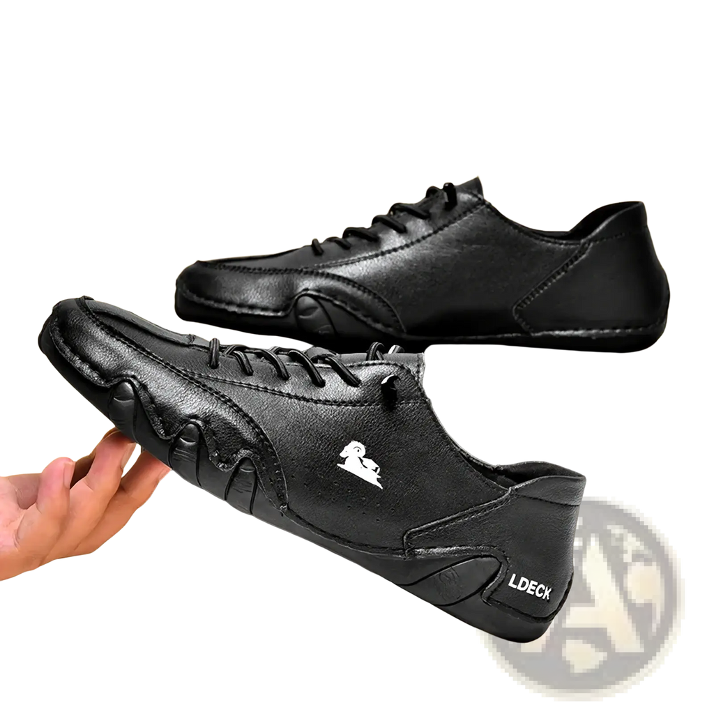 Men high top leather casual sneakers in black with lace-up design and subtle white branding on the side