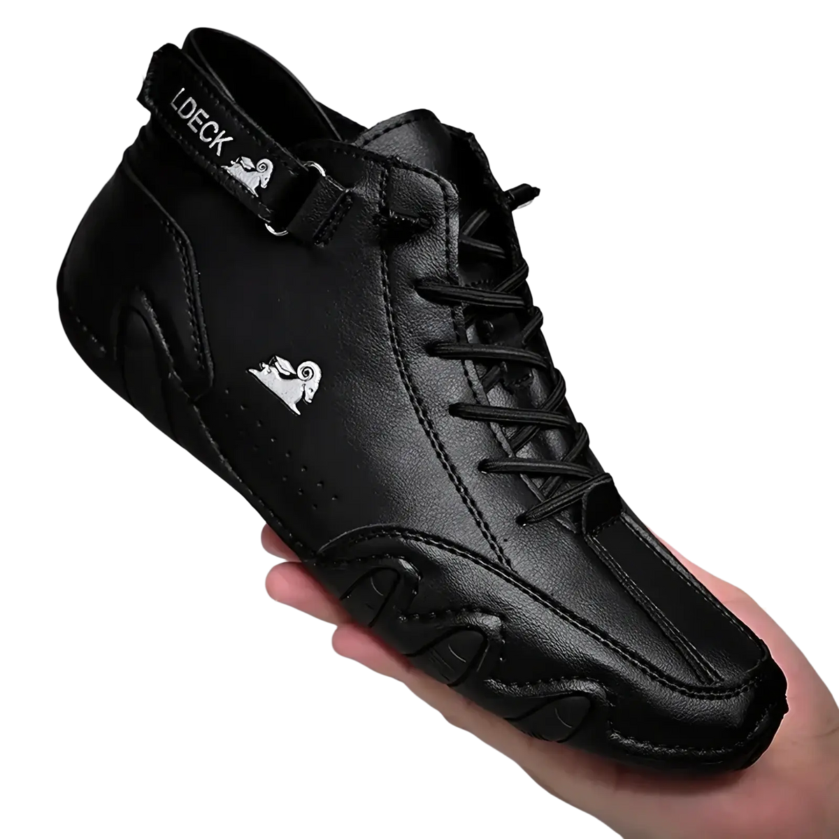 Men high top leather casual sneaker in black with white ram logo ankle strap and perforated breathable detailing