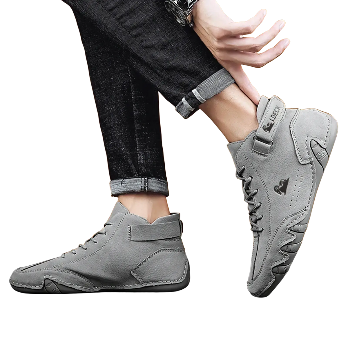 Men high top leather casual sneakers in gray with suede texture, stitched detailing, laces, and side adjustable strap